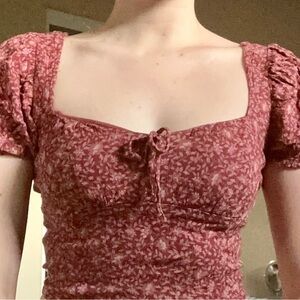 American Eagle Red Puff Sleeve Floral Fitted Crop Top